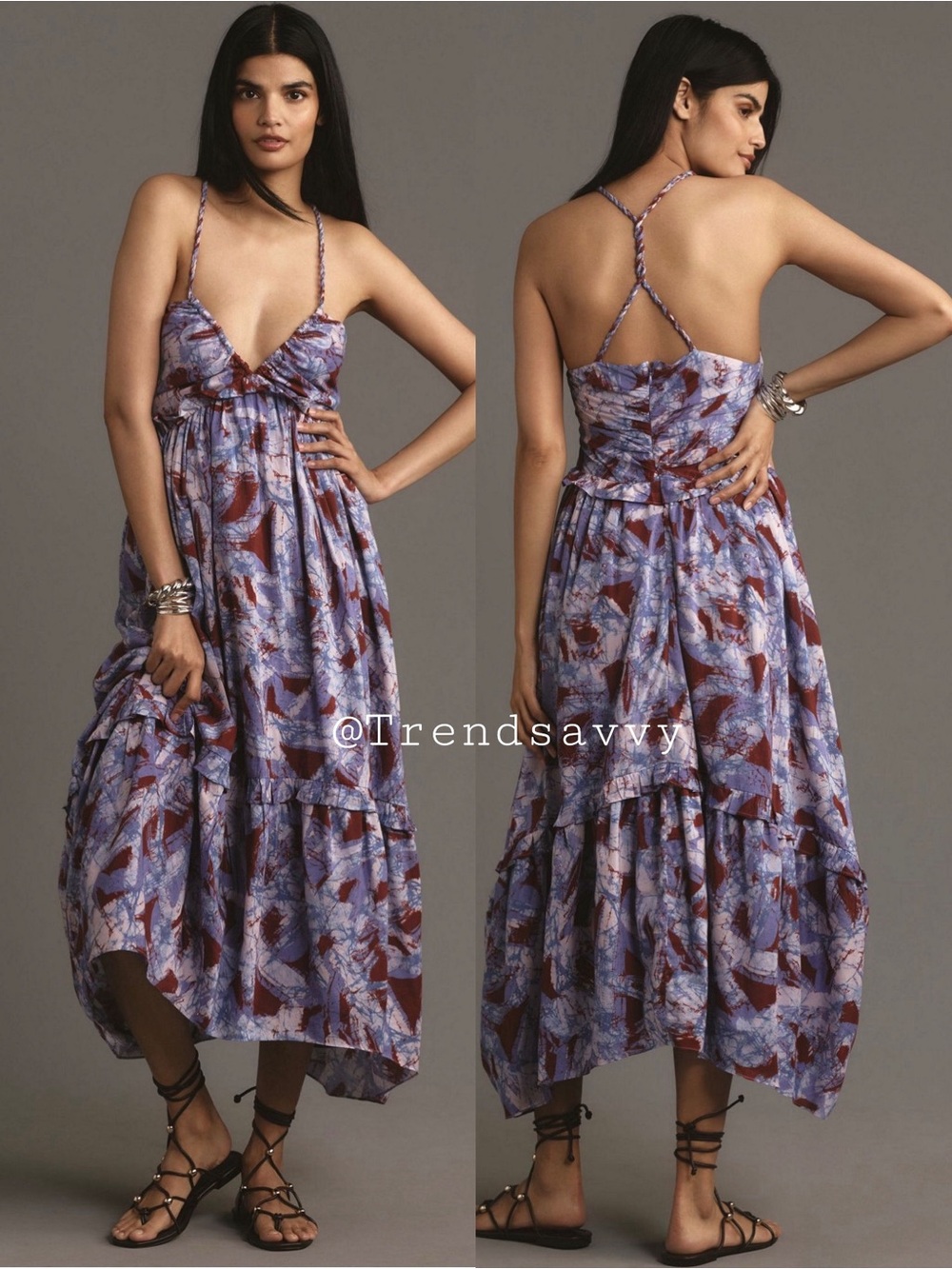 Anthropologie Purple Blue Silk Braided Strap Midi Dress Boho Wedding Guest Large